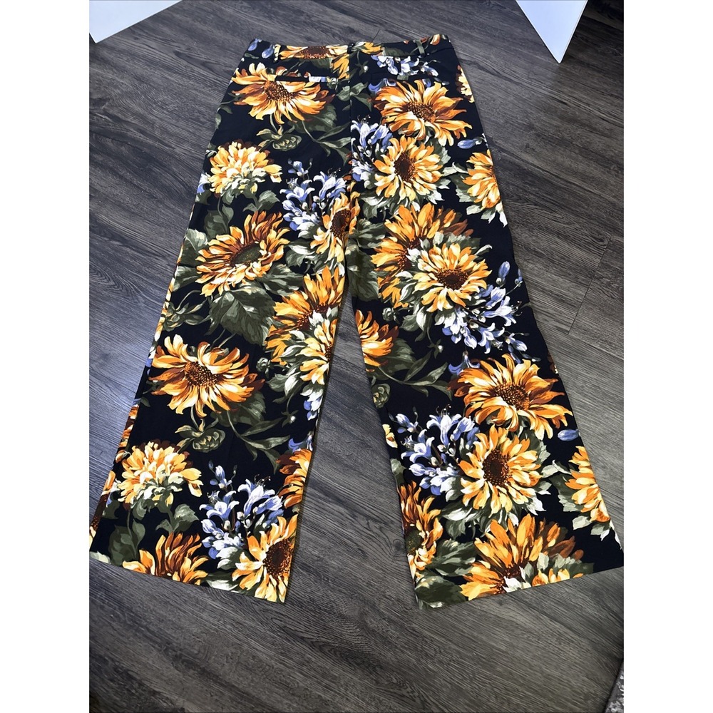 NWT NY&Co Women Size 12 Sunflower Floral Wide Leg Stretch Trousers Boho Summer - Picture 11 of 14